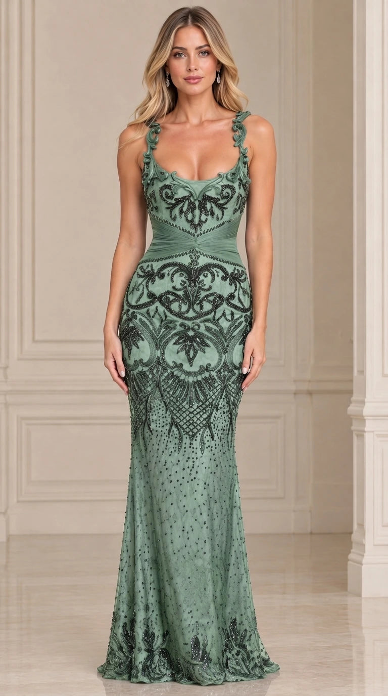 Model wearing sage green beaded scoop neck mermaid evening gown