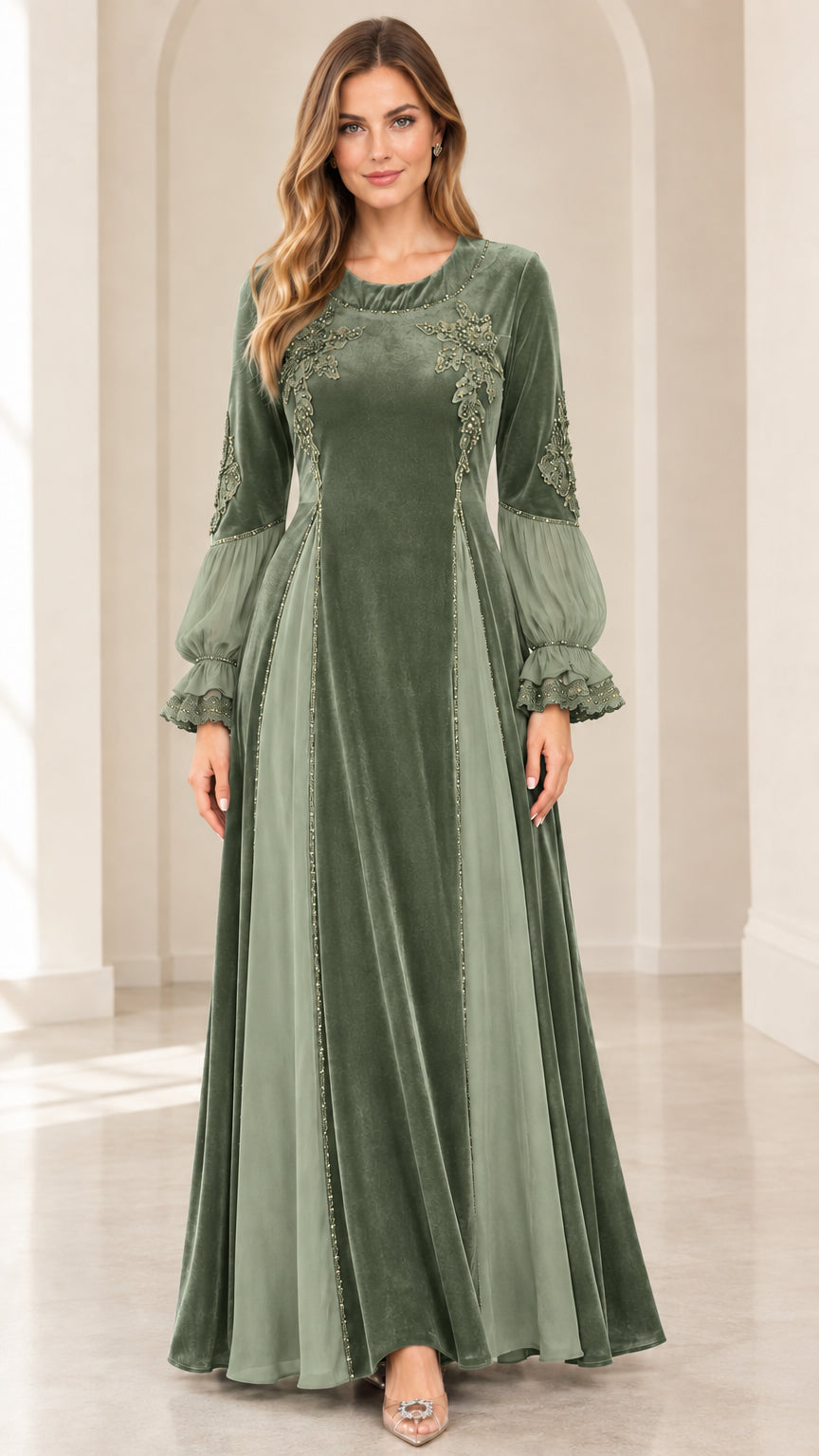 Model wearing sage green velvet long dress with delicate beadwork