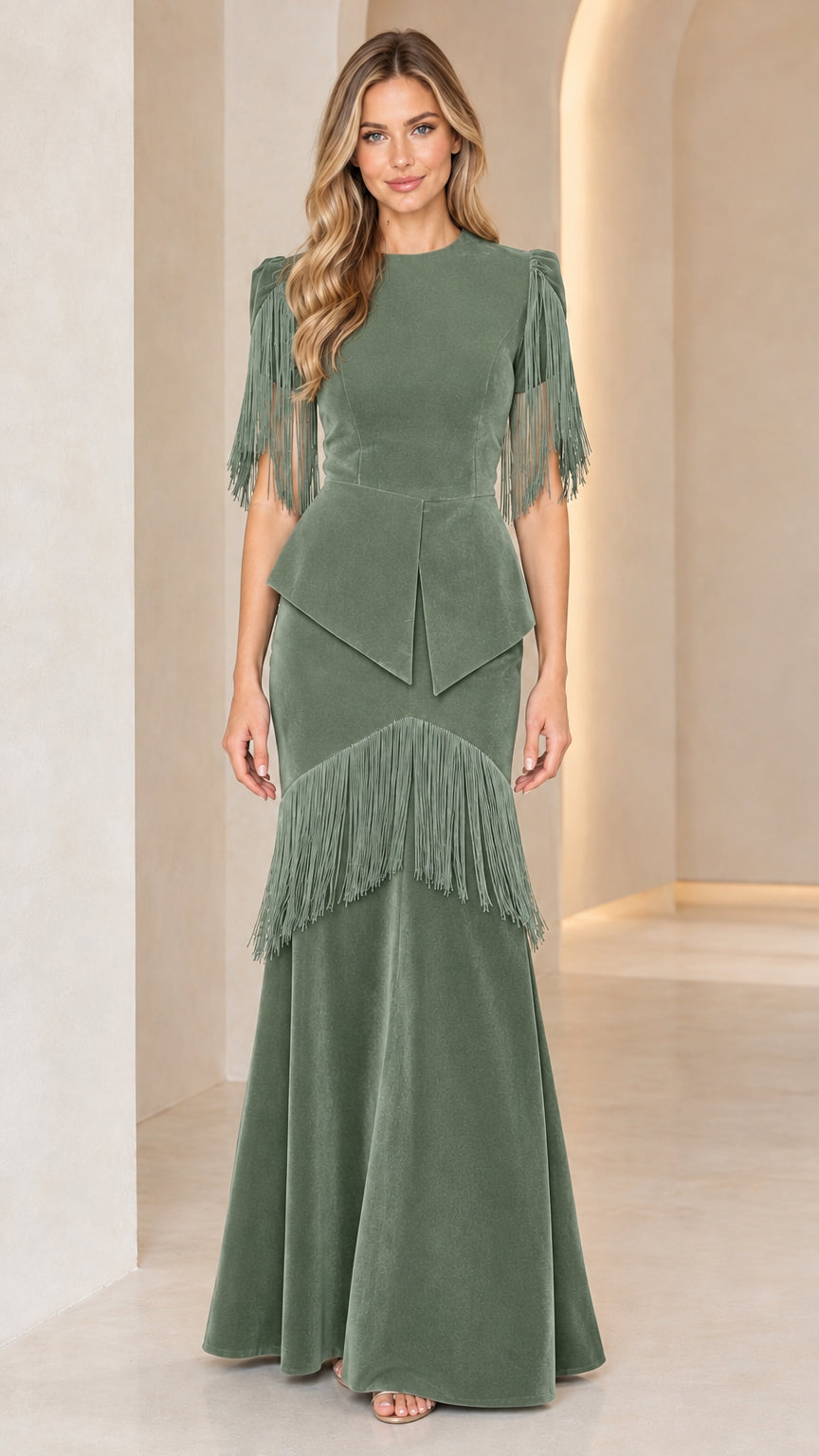 Sage green velvet fringe peplum evening maxi dress full-length view