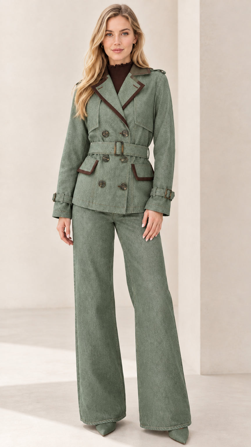 Full-length front view of sage green belted tailored jacket and wide-leg pants set