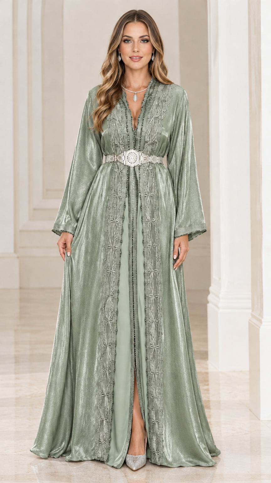 Sage green metallic shimmer embroidered caftan formal dress