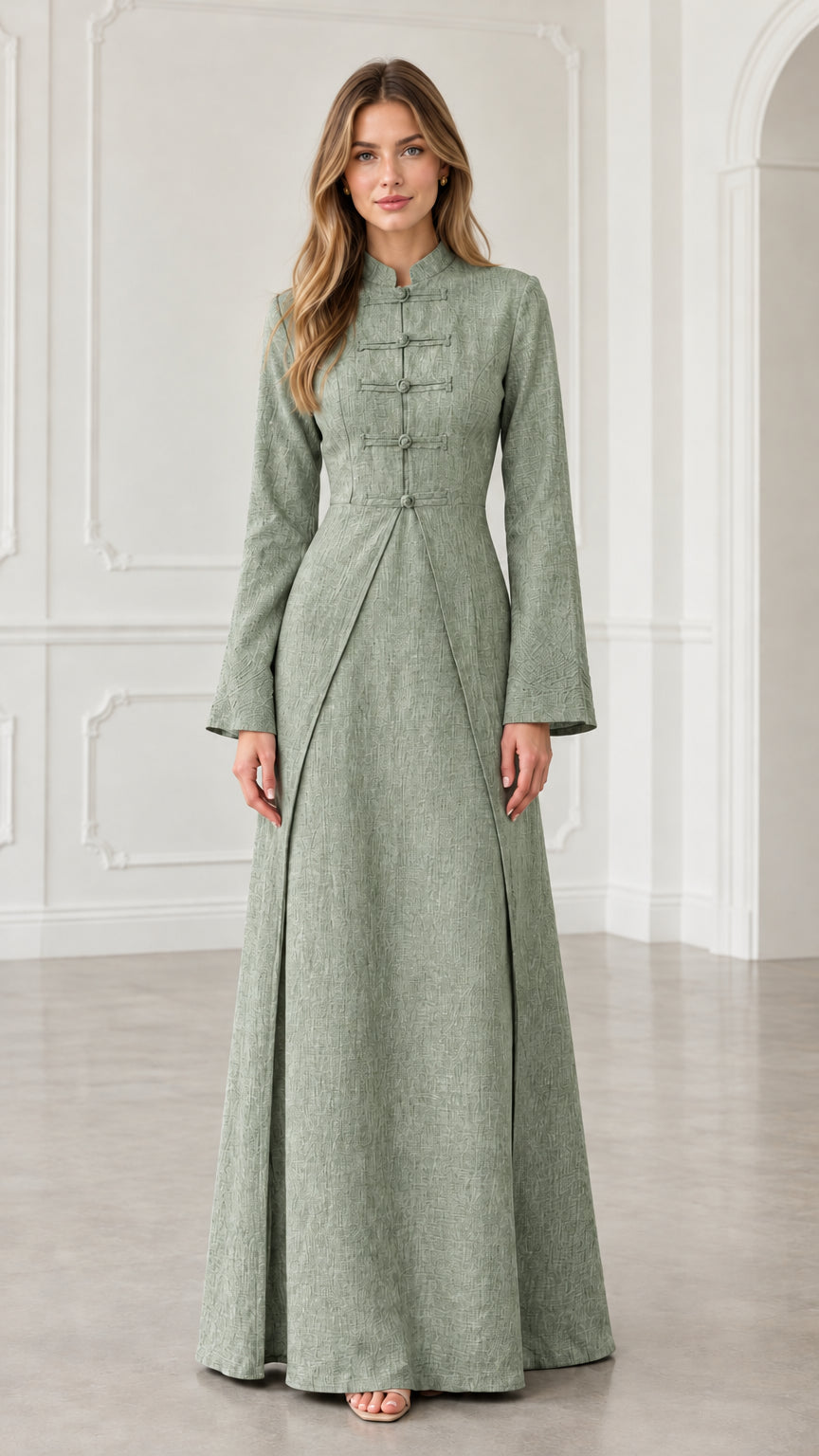 Front view of model wearing sage green mandarin collar A-line maxi dress