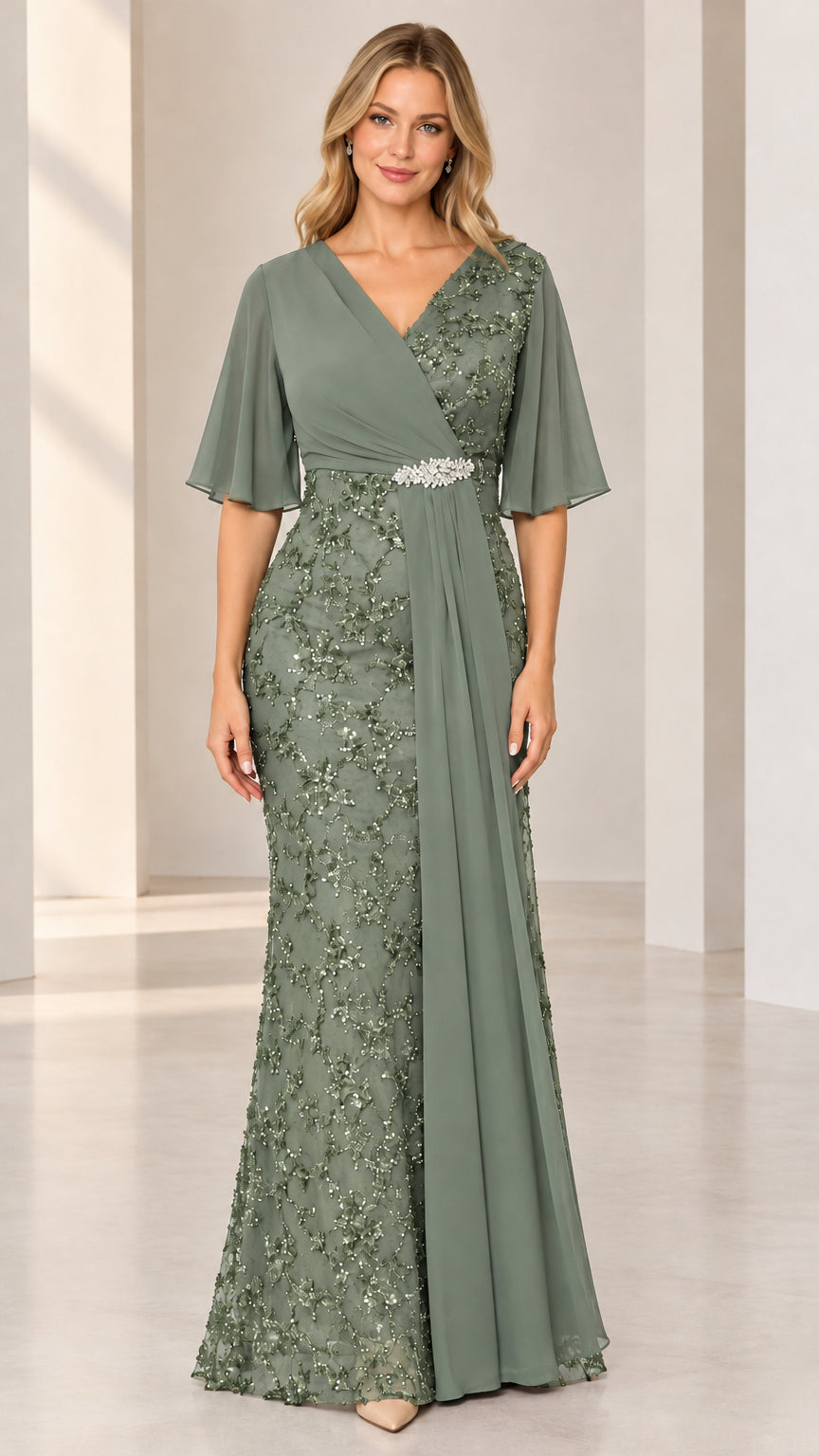 Front full-length view of sage green sequined evening dress with cascading chiffon drape