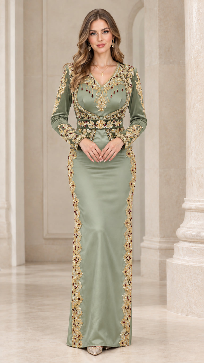 Front view of sage green embroidered velvet and satin long sleeve evening dress