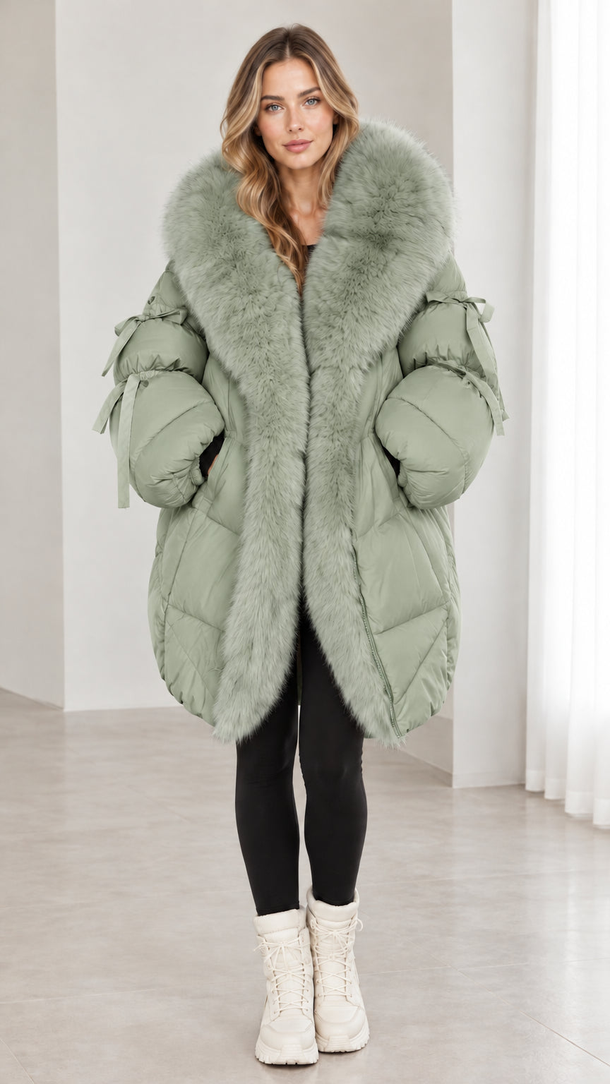 Model wearing sage green faux fur hooded quilted puffer coat with sleeve ties