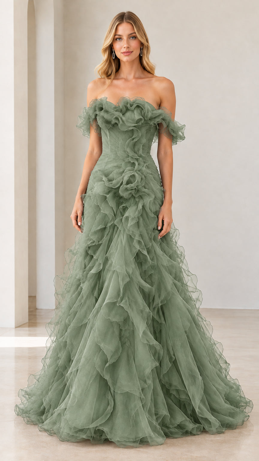 Full-length view of sage green off-the-shoulder tiered ruffle evening gown