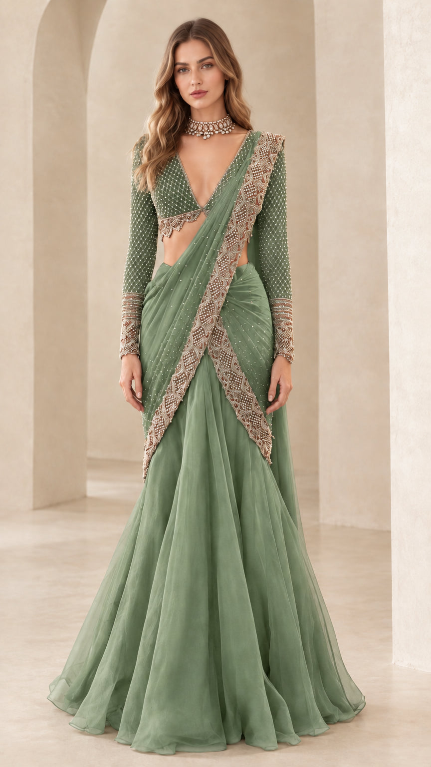 Sage green pre-draped lehenga saree with metallic embroidered border