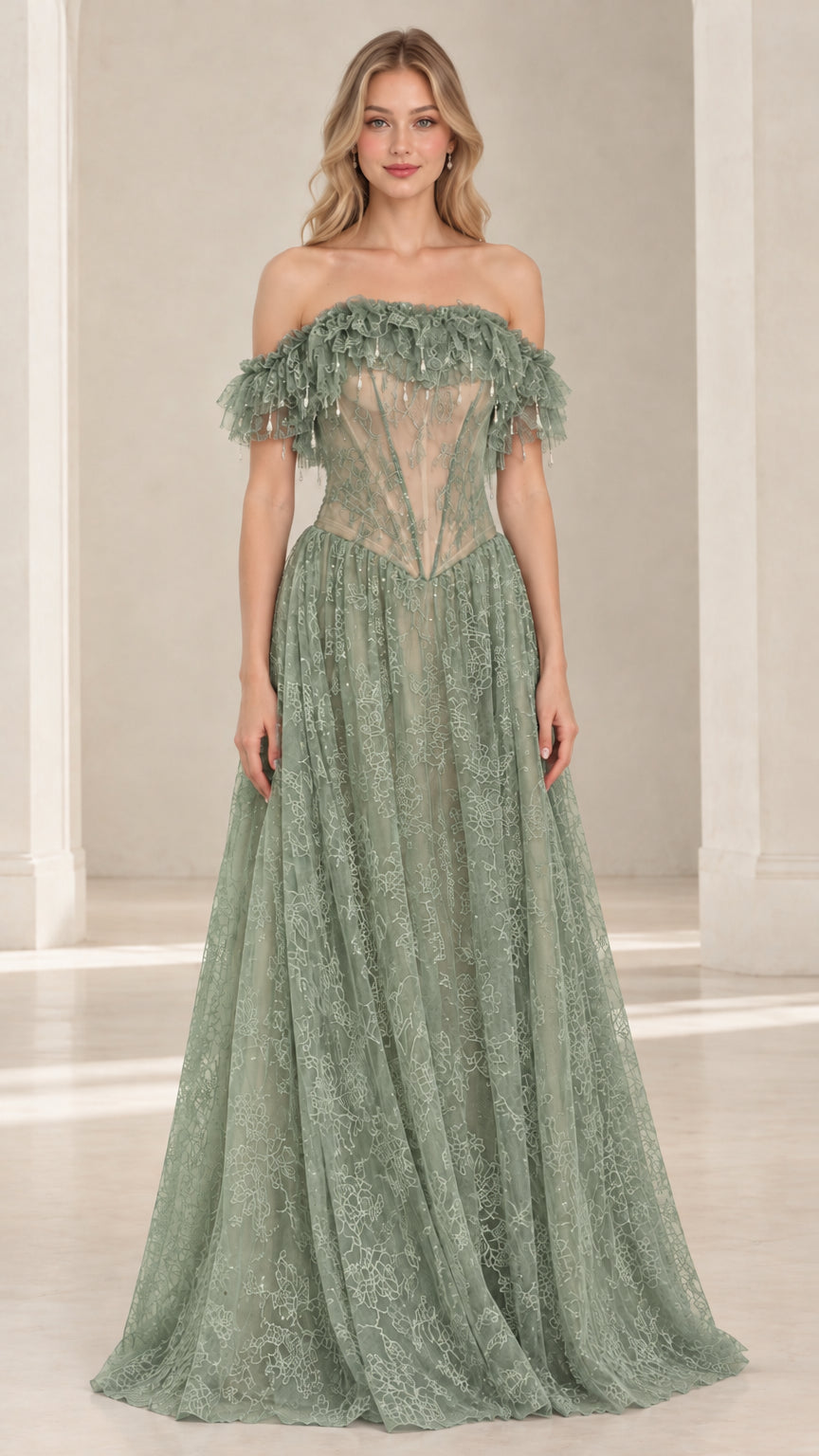 Sage Green off-the-shoulder corset lace maxi gown