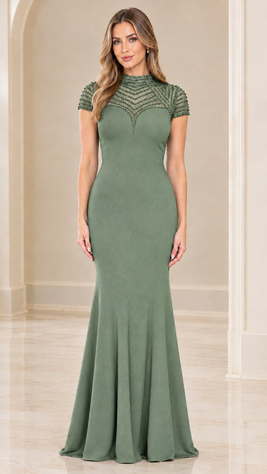 Sage Green high-neck beaded illusion mermaid formal gown front view