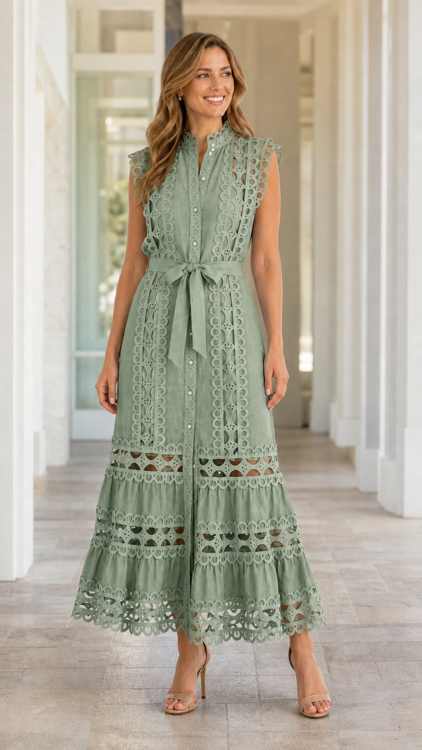 Full length view of model wearing Sage Green eyelet lace midi dress