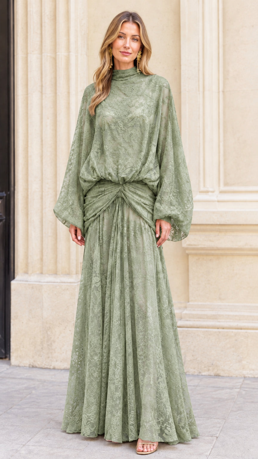 Model wearing elegant Sage Green high neck lace maxi dress with pleated skirt