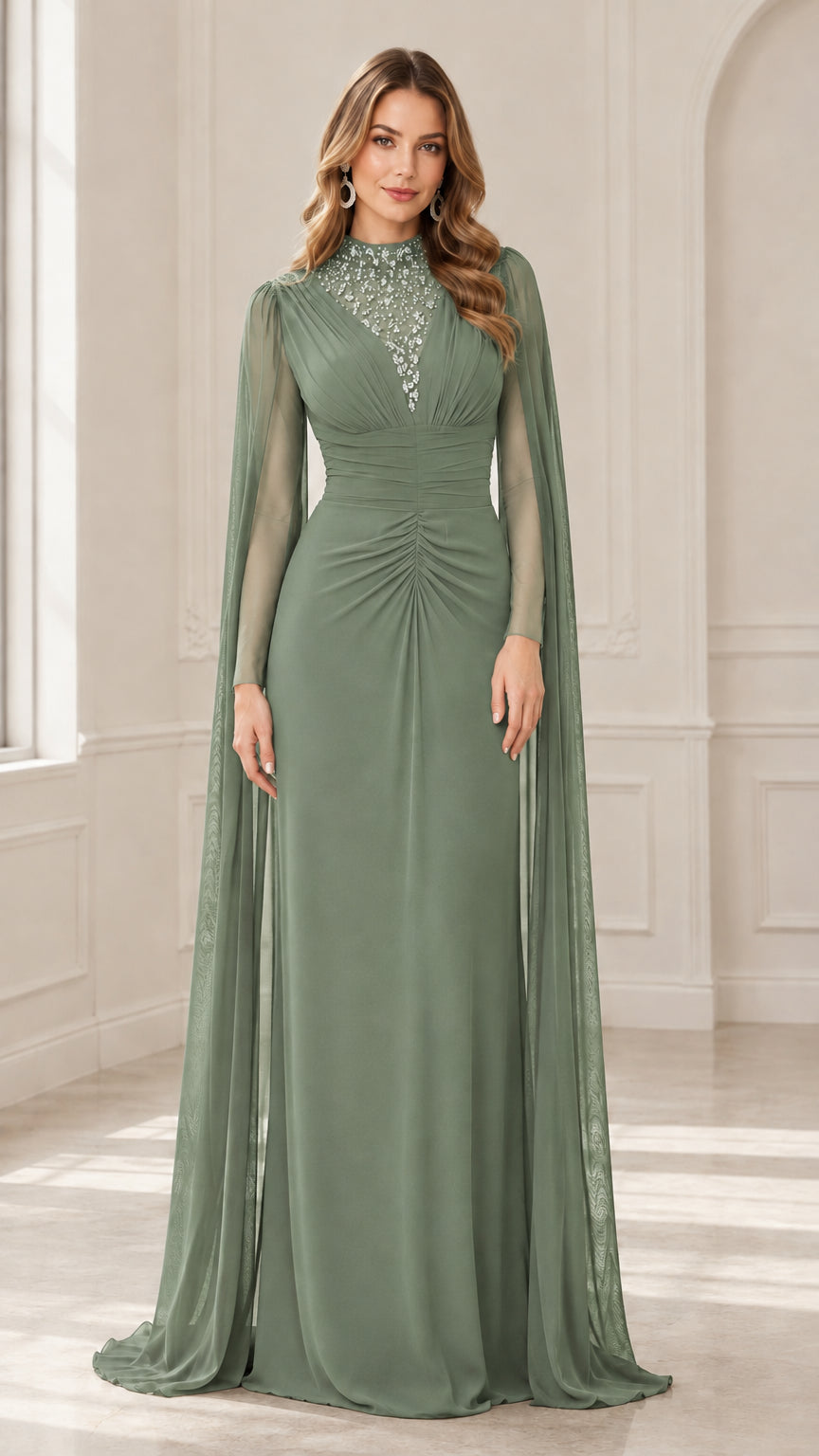 Front view of sage green cape sleeve floor-length formal gown