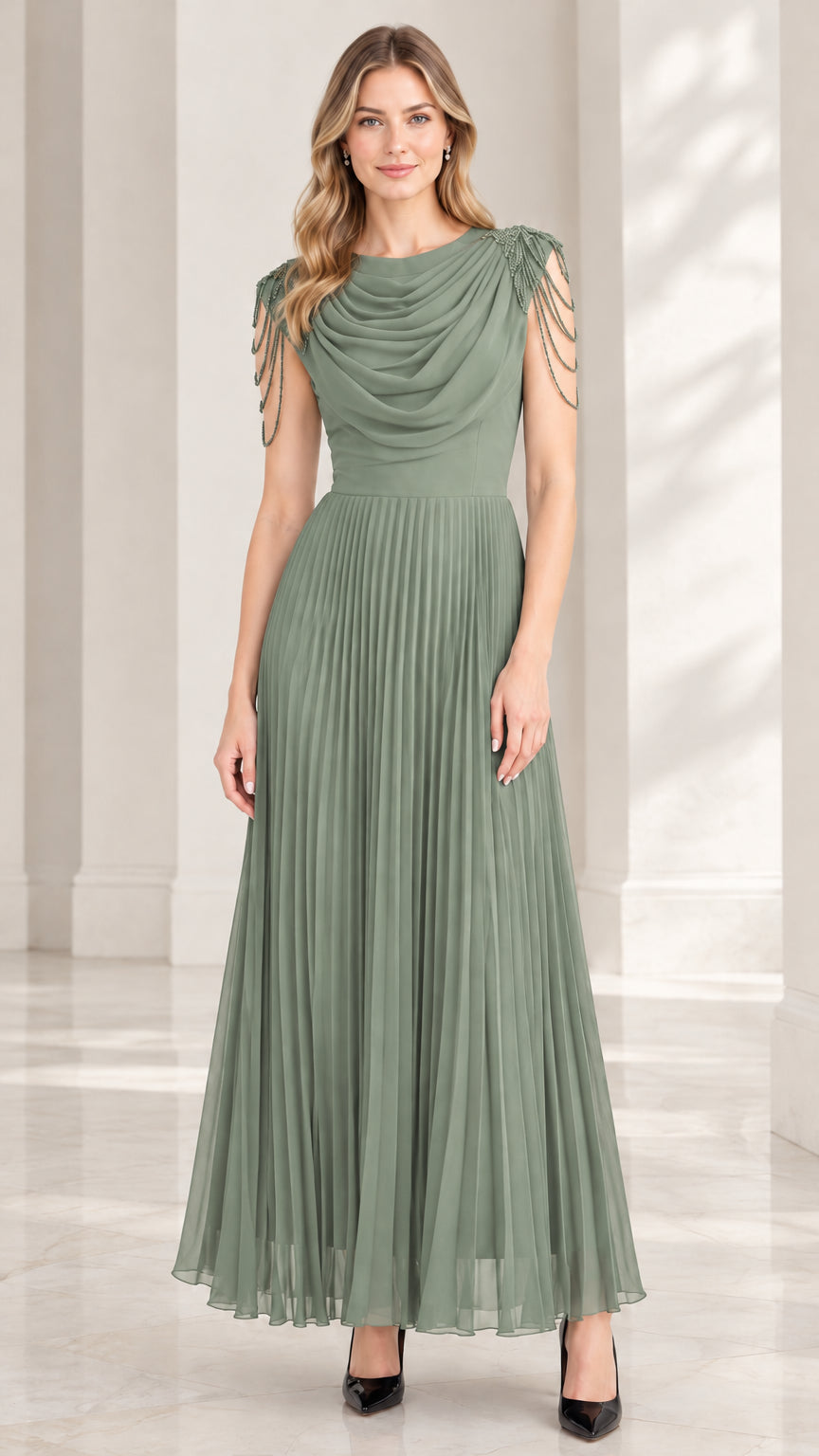 Model wearing sage green pleated formal gown with beaded shoulder fringe