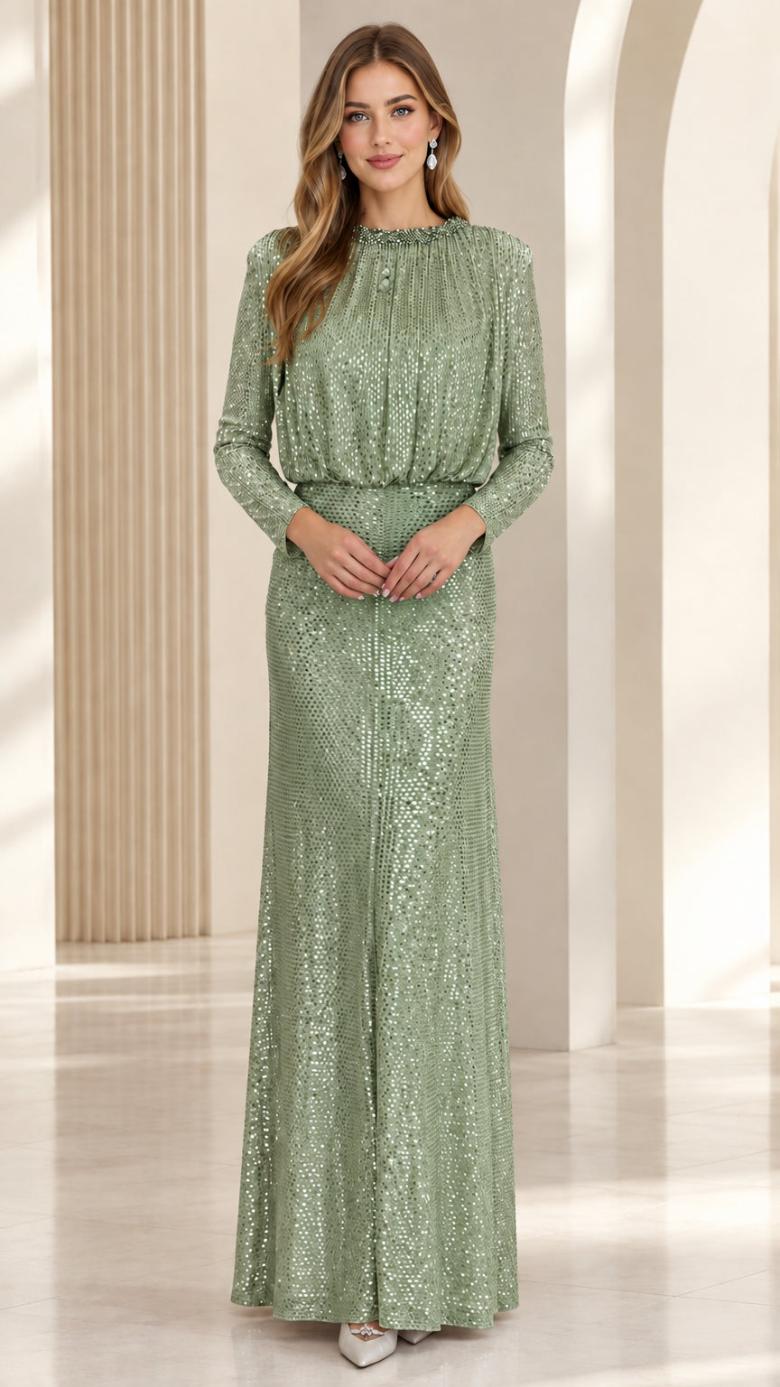 Front full-length view of the long sleeve sequin evening maxi dress in Sage Green