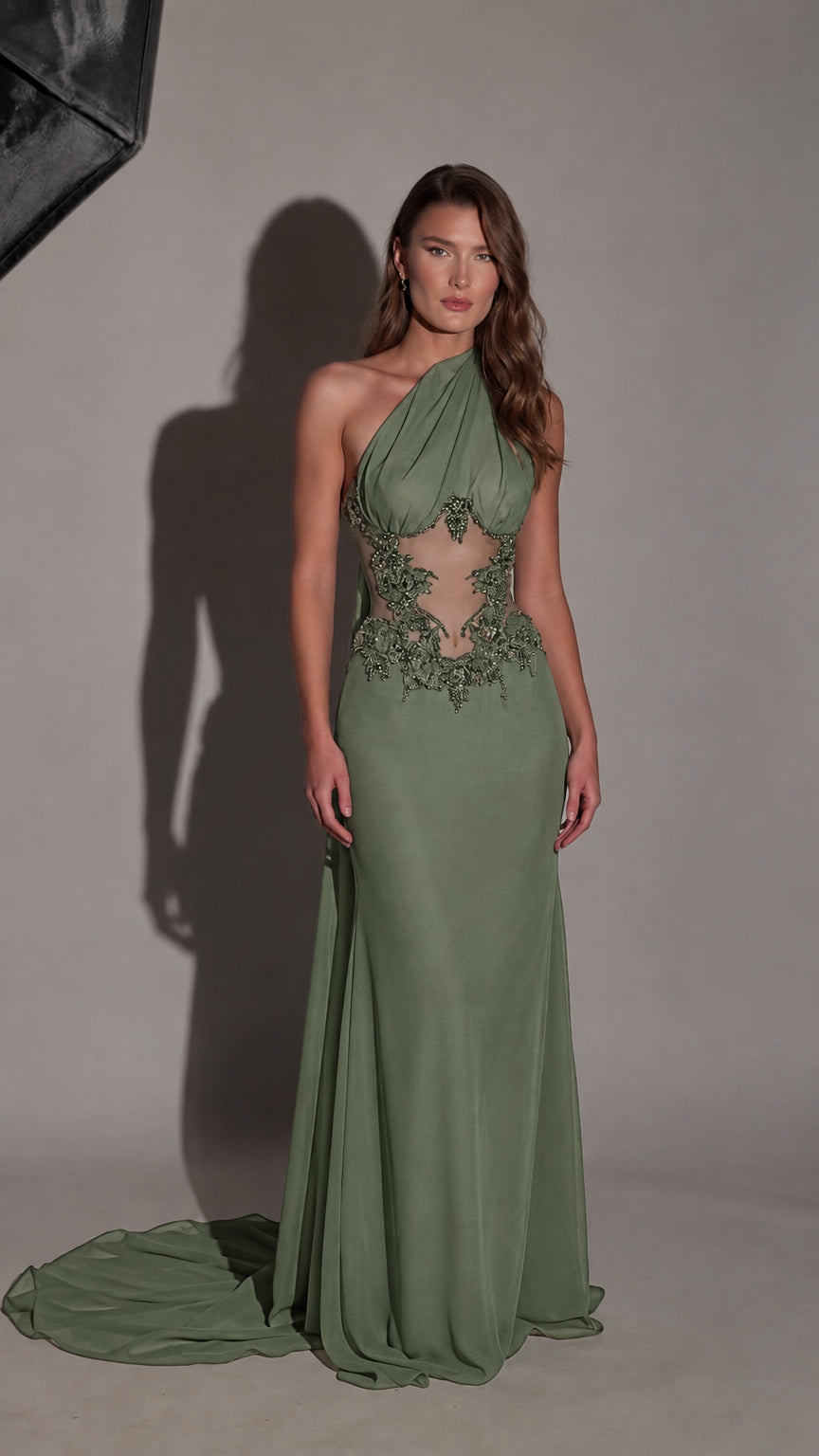Front view of sage green one-shoulder evening gown with beaded sheer cutout