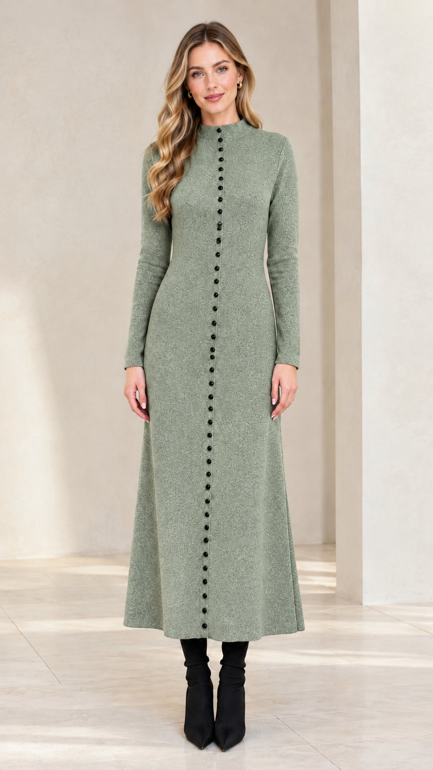Model wearing Sage Green button down long sleeve knit maxi dress