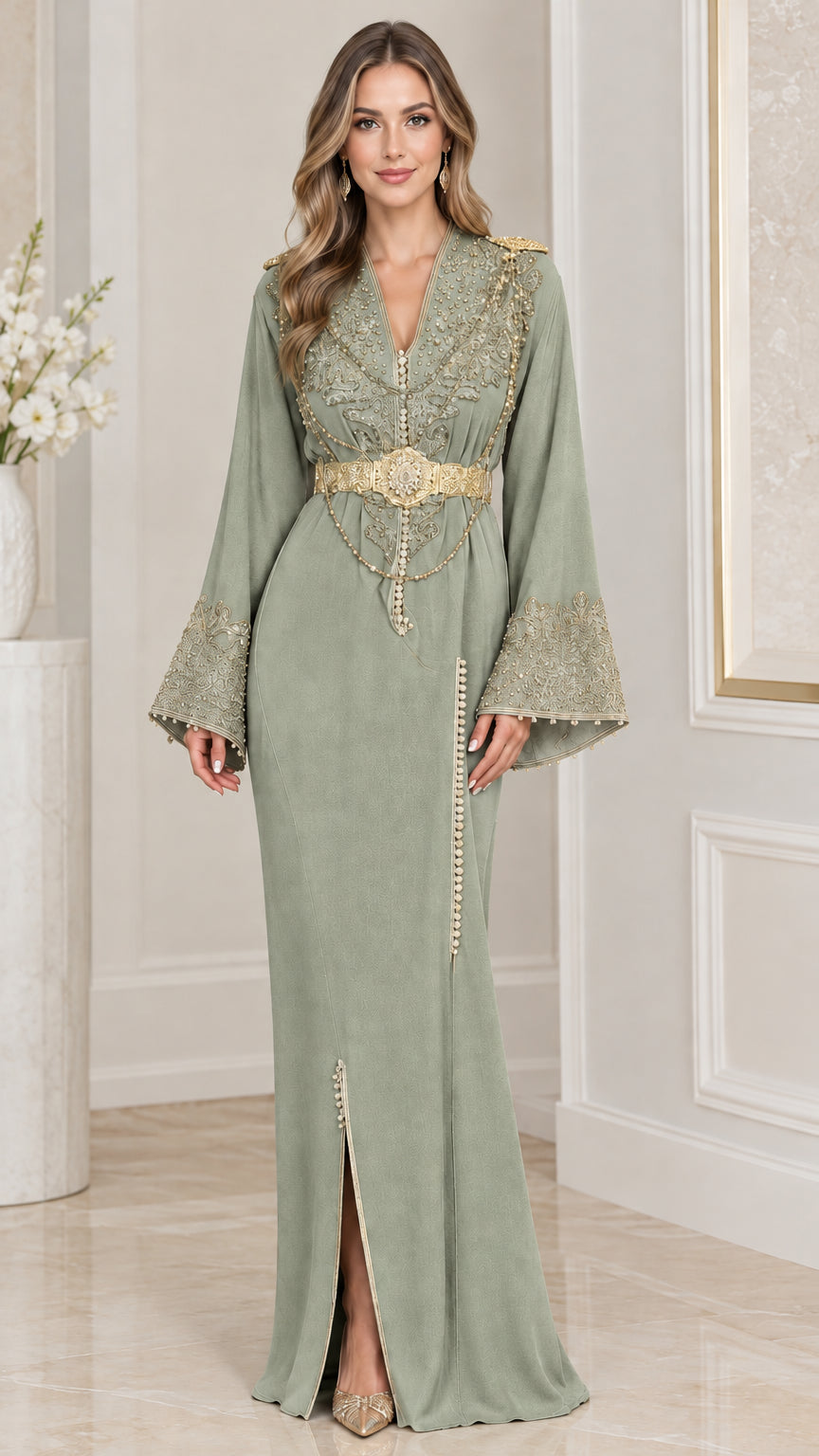 Full-length view of sage green embroidered kaftan maxi dress with gold details