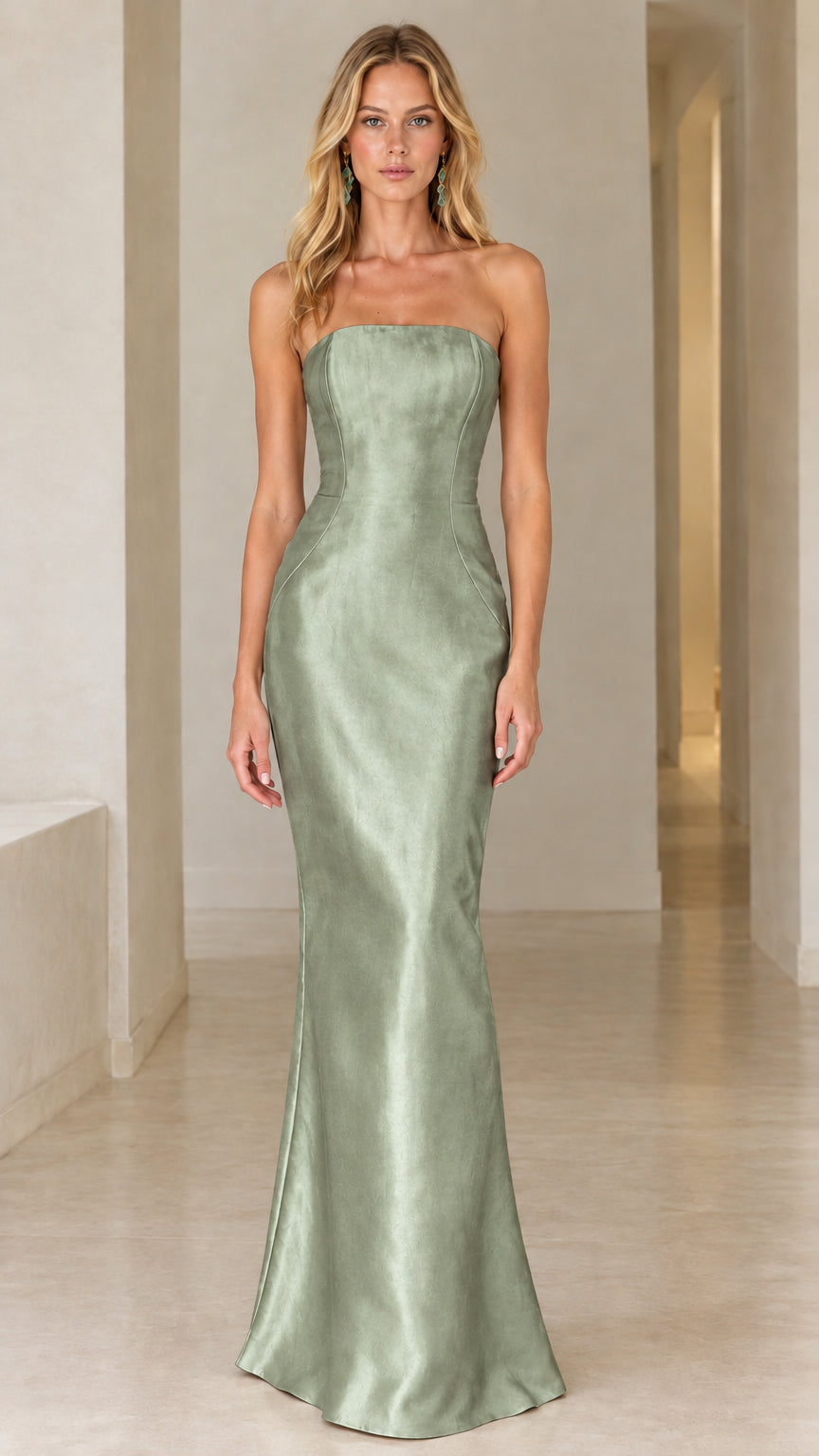 Front view of sage green strapless satin evening gown on model