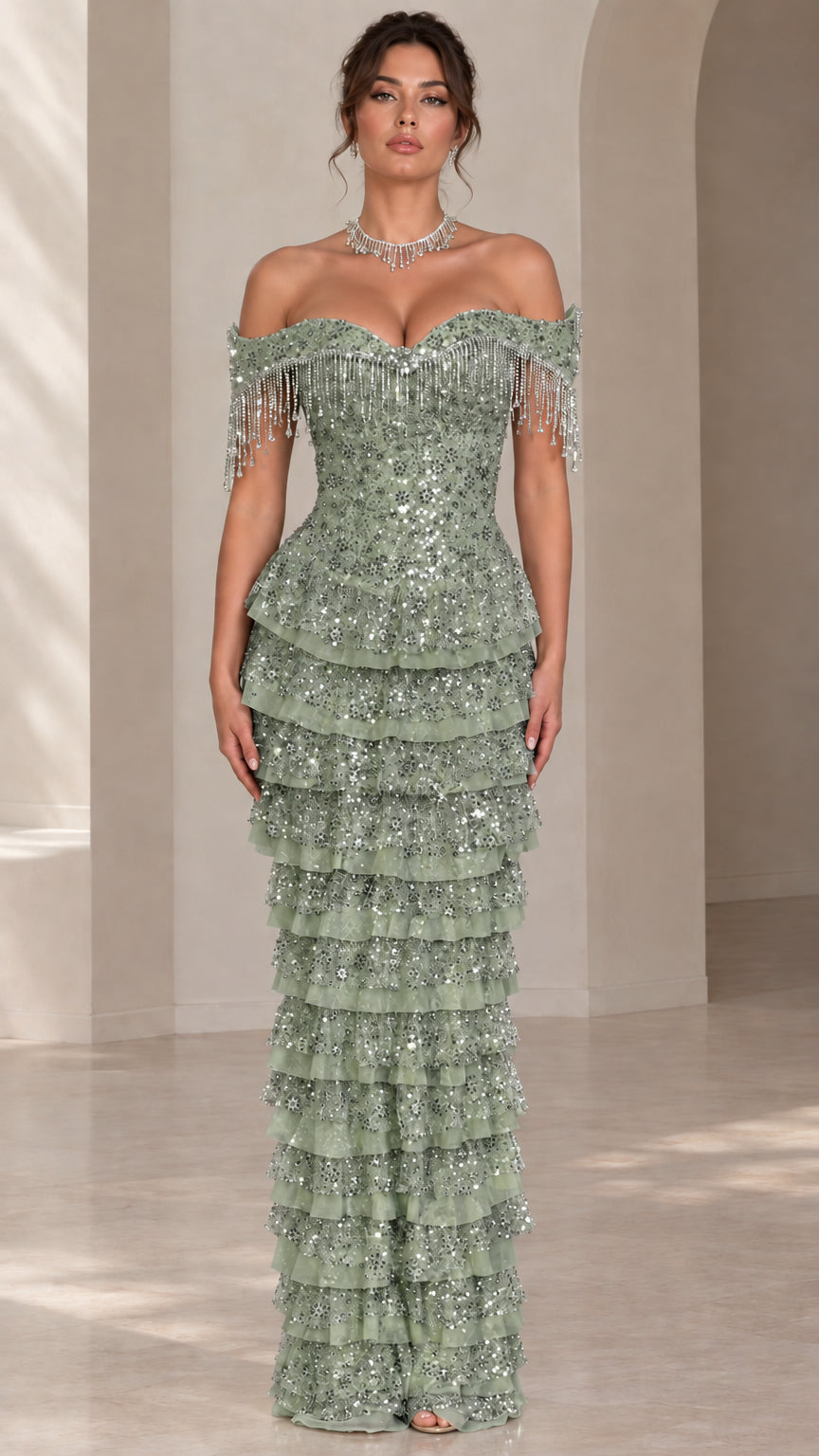 Sage green off-the-shoulder sequined tiered evening dress