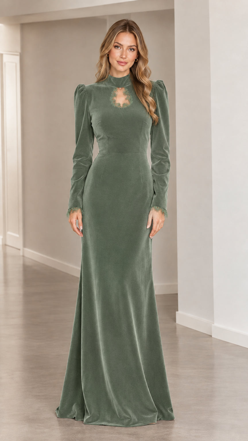 Sage green floor-length velvet dress with lace cutout details