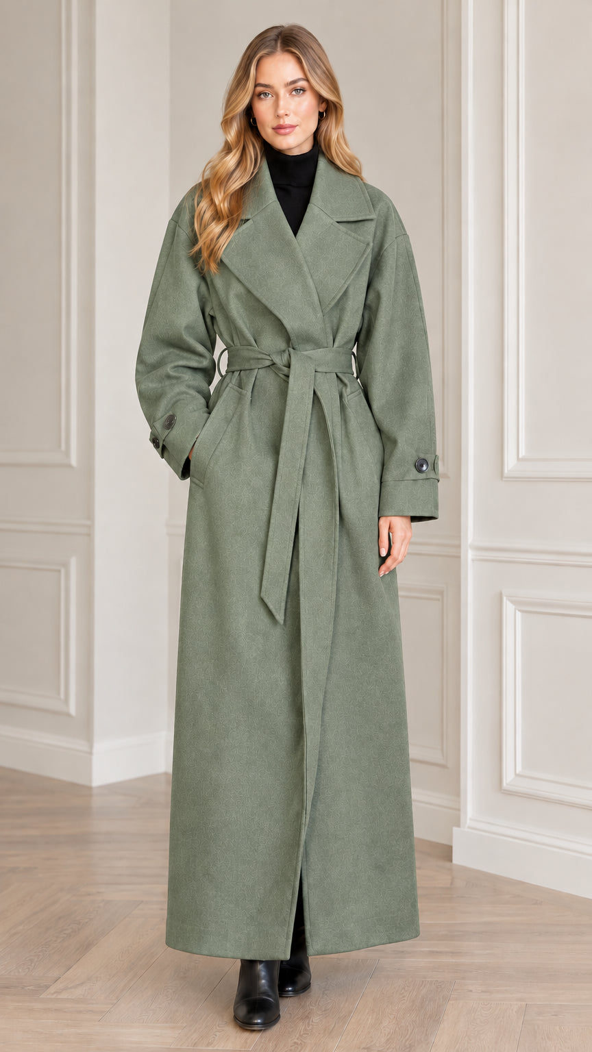 Model wearing sage green ankle length belted trench overcoat