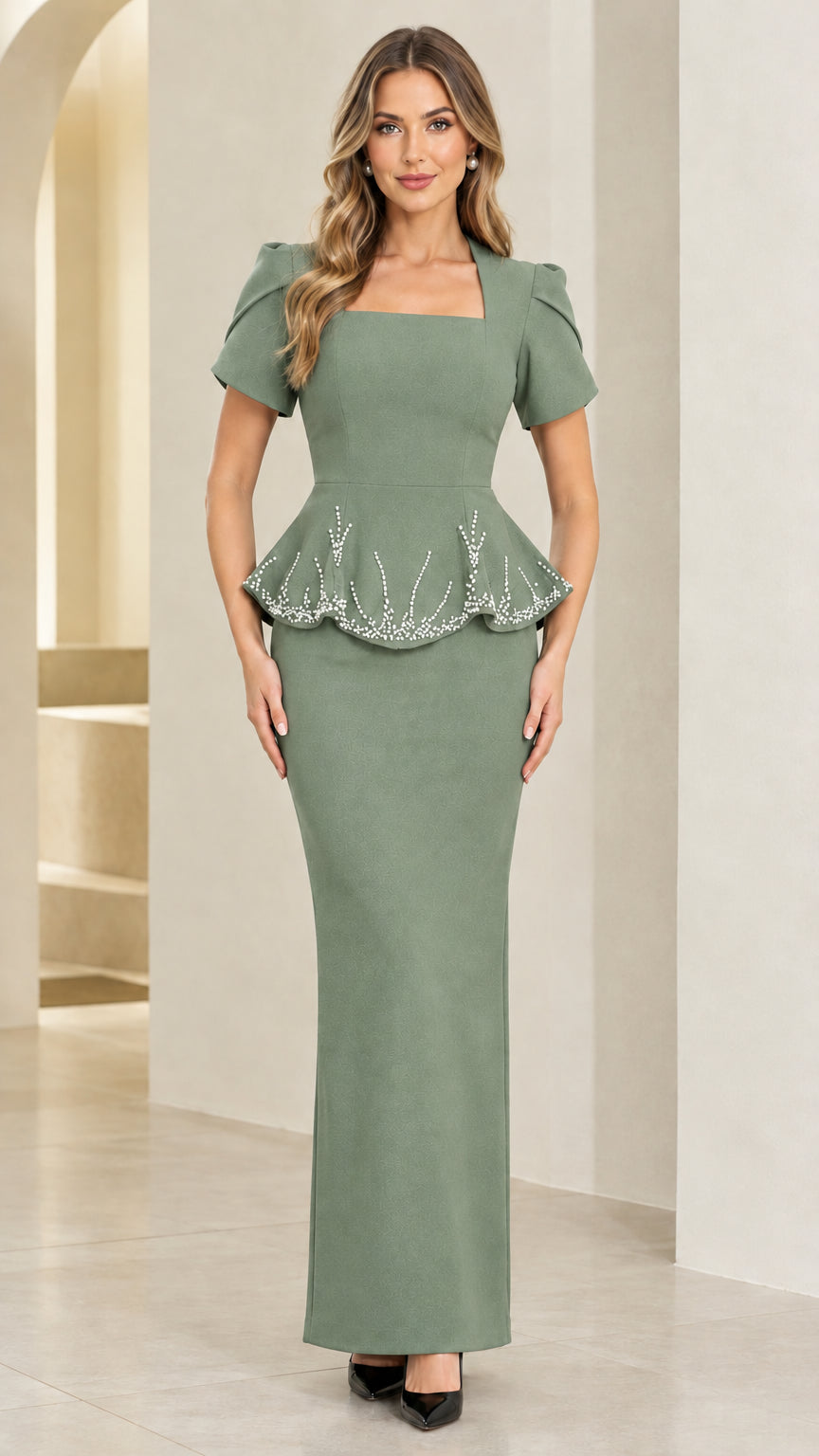 Sage green square neck embellished peplum evening maxi dress