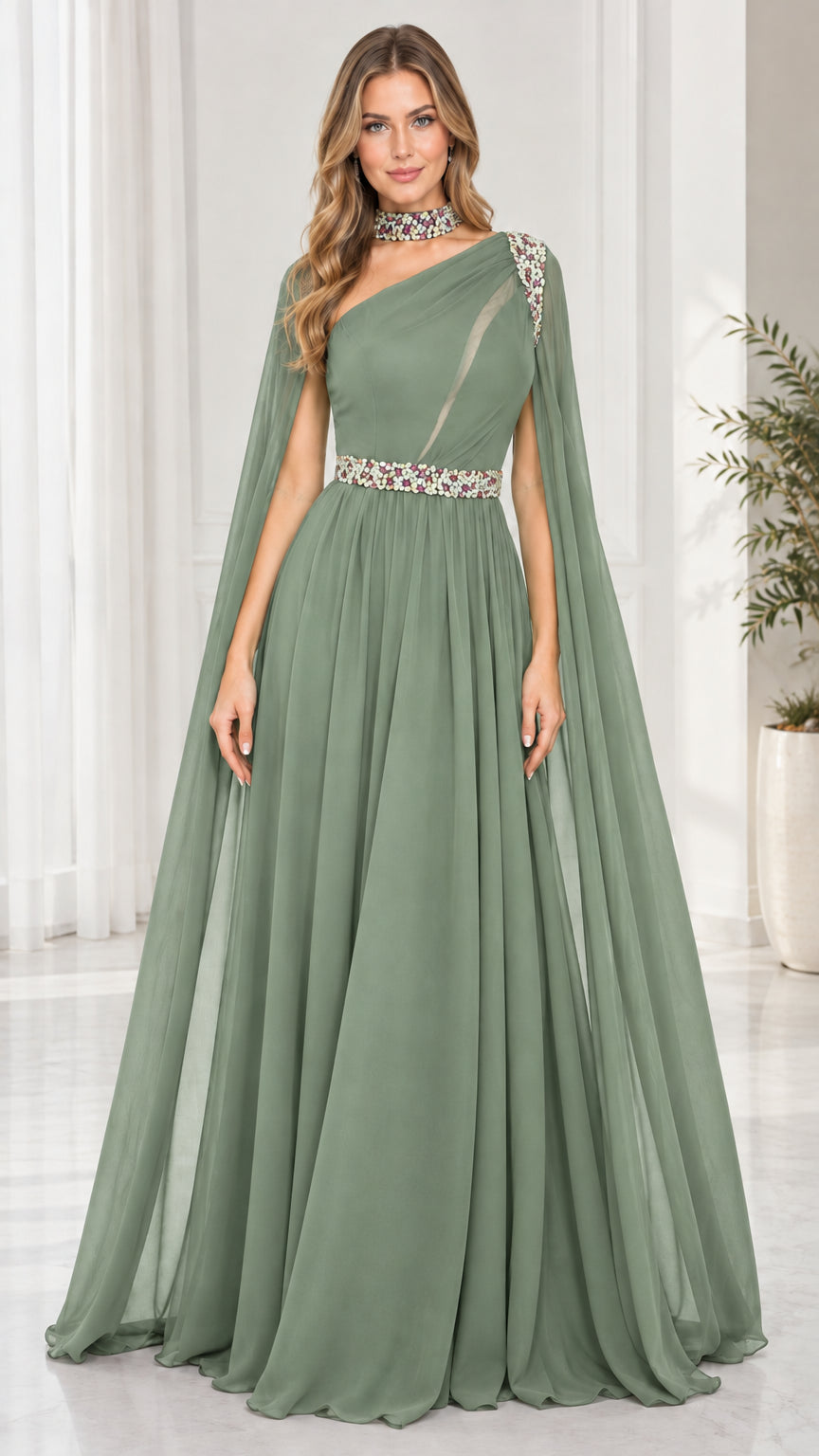 Front view of model in Sage Green beaded chiffon cape evening dress