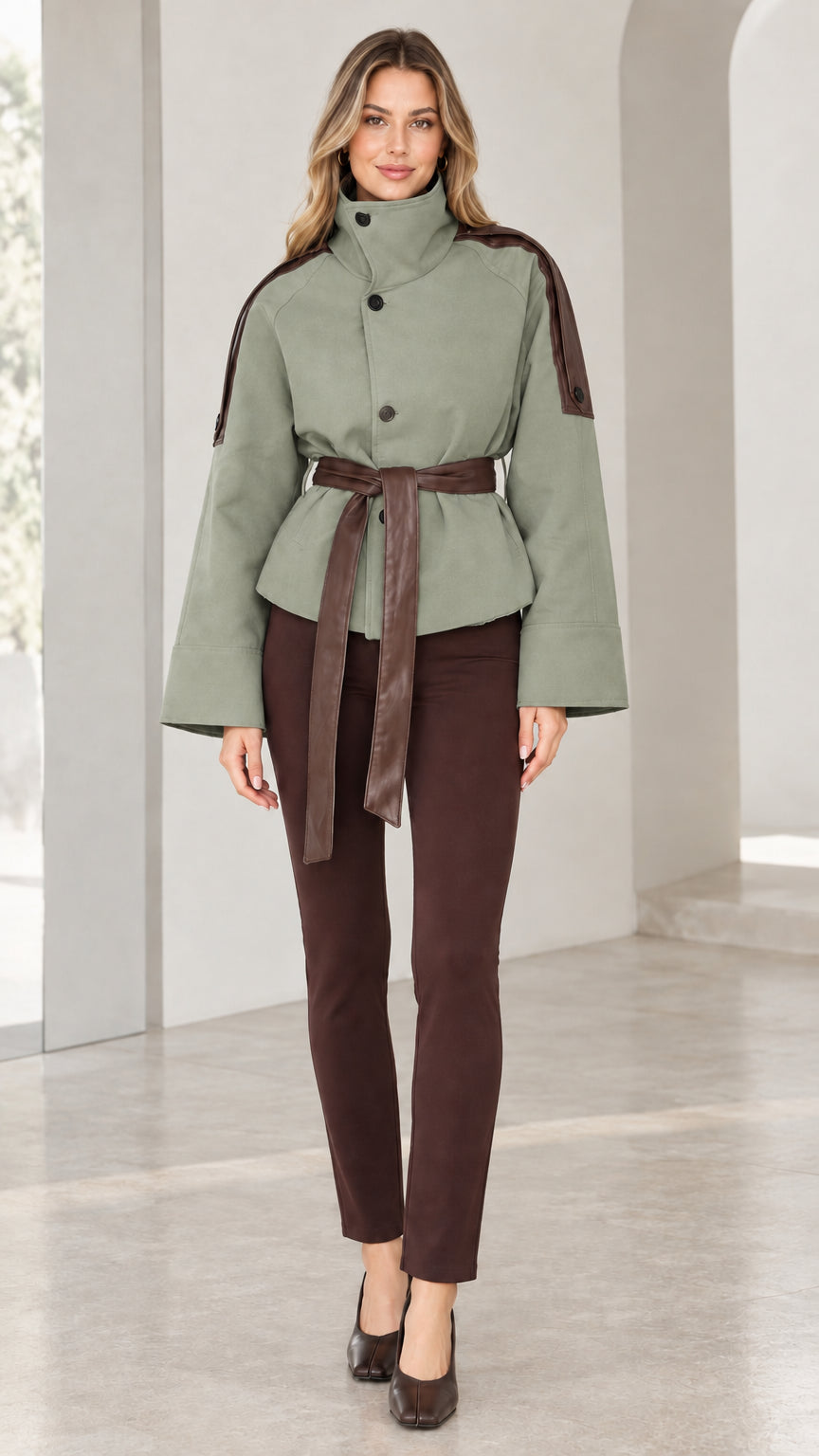 Model wearing sage green belted short trench jacket with brown contrast details