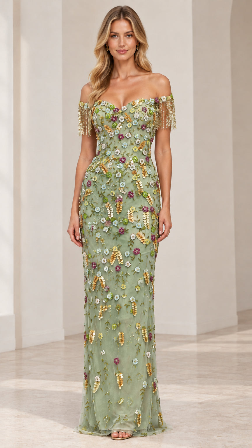 Sage Green floral sequin embroidered floor-length formal gown