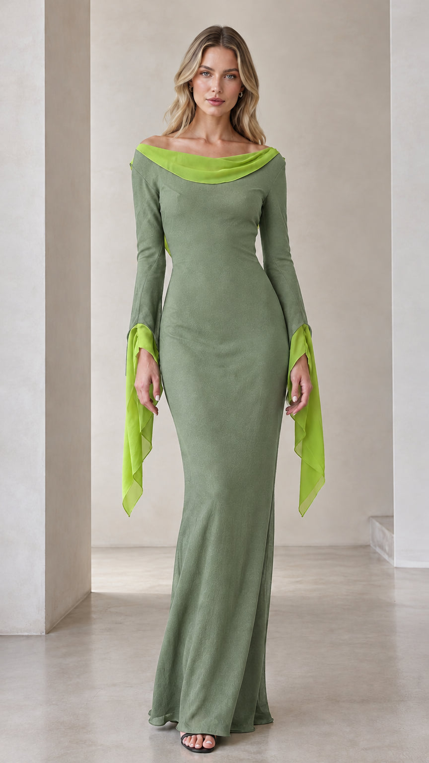Sage green evening gown featuring contrast draped neckline and cuffs