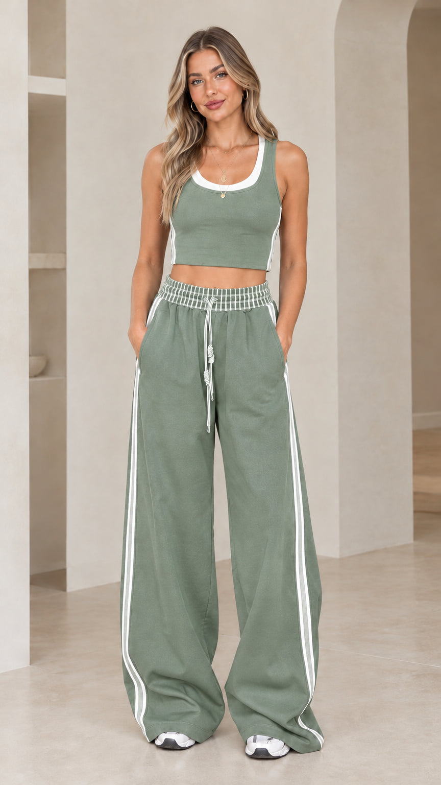 Front view of model wearing Sage Green crop tank and wide-leg pants set
