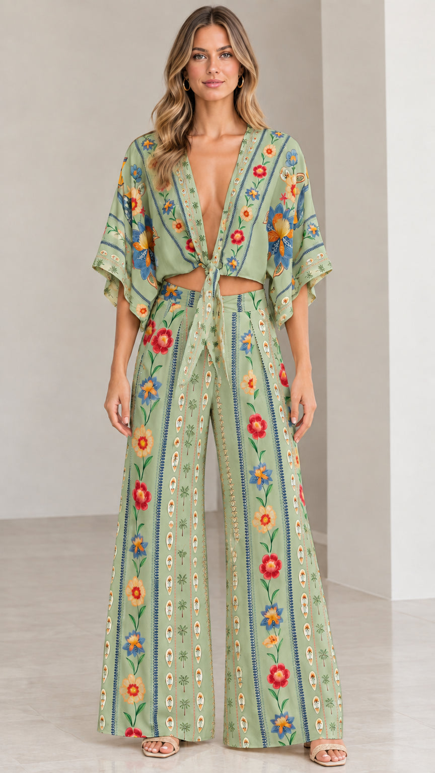 Model wearing sage green floral print matching crop top and wide-leg set