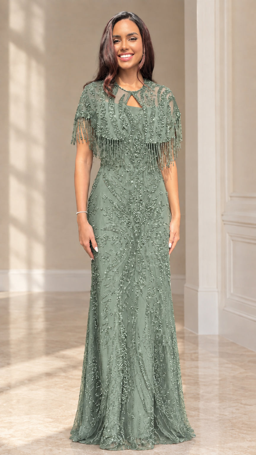 Sage green beaded floor-length evening dress with capelet overlay