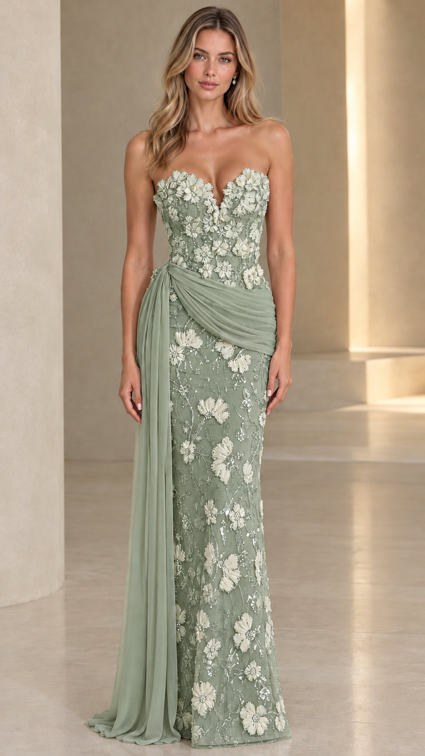 Full front view of sage green strapless floral embroidered evening gown