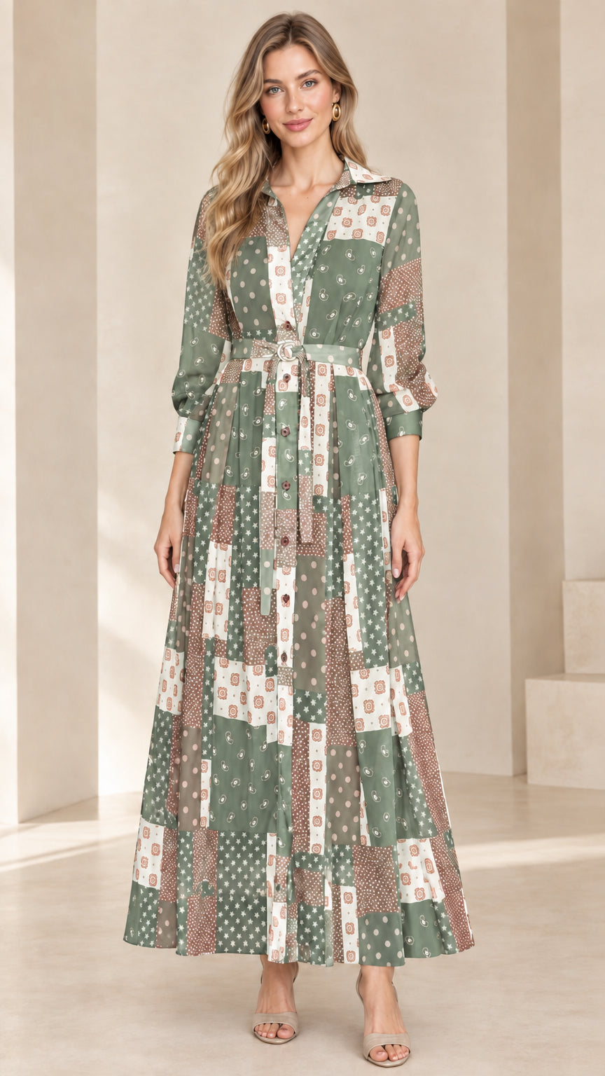 Front view of model wearing Sage Green long sleeve patchwork maxi shirt dress