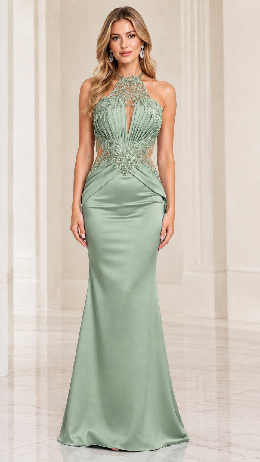Front view of woman wearing sage green halter satin mermaid evening gown
