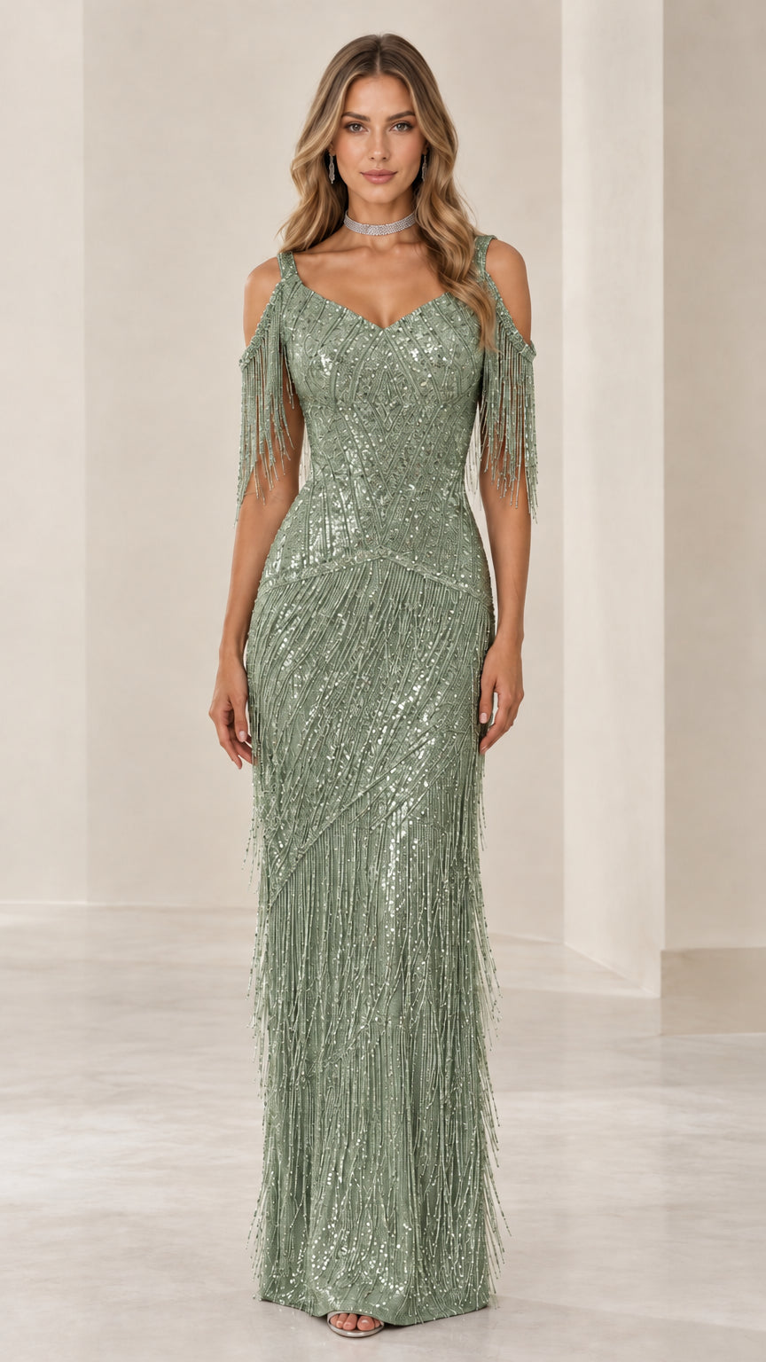 Front view of woman wearing Sage Green sequin cold-shoulder fringe maxi evening gown
