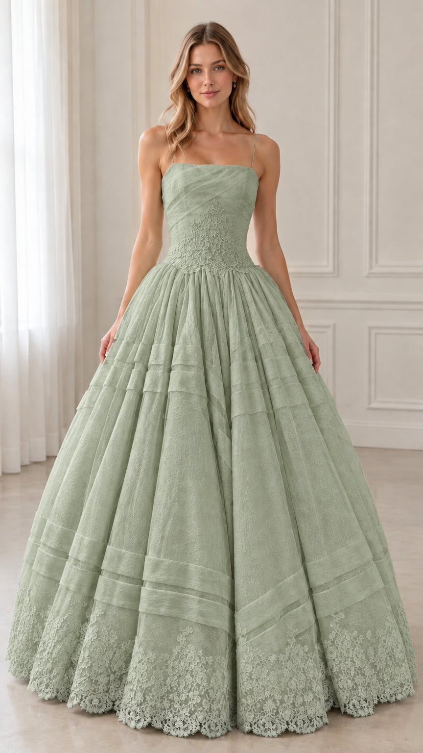 Sage green spaghetti strap lace ballgown formal evening dress