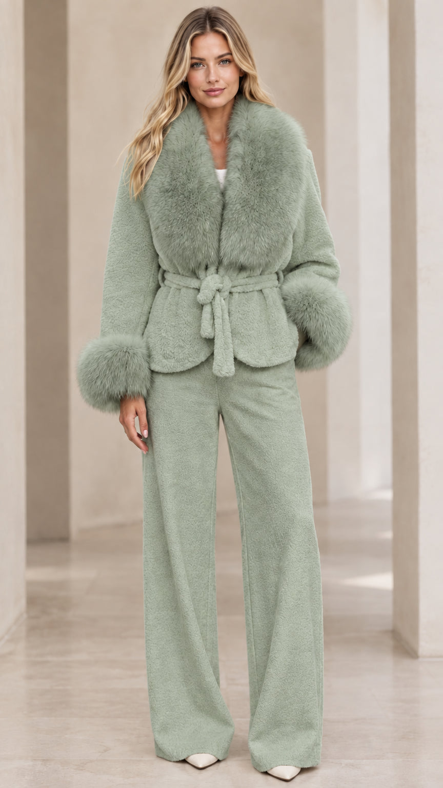 Model wearing sage green belted jacket with faux fur trim and coordinated pants set