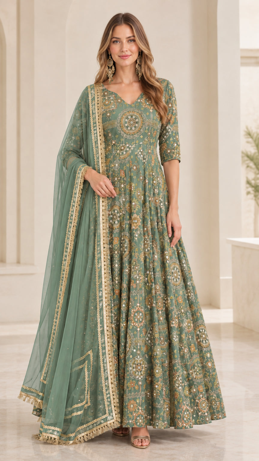 Front view of model wearing Sage Green embroidered floor-length ethnic gown