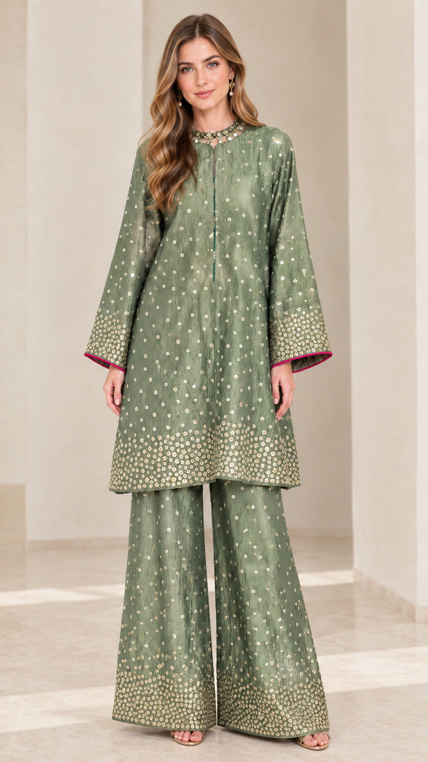 Model wearing Sage Green metallic printed tunic and palazzo pant set
