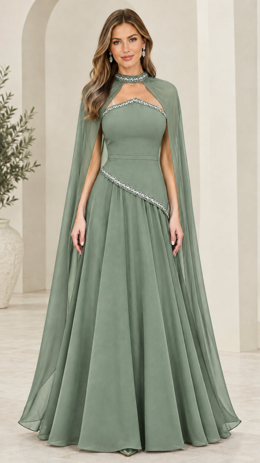 Front full-length view of sage green rhinestone cape evening gown