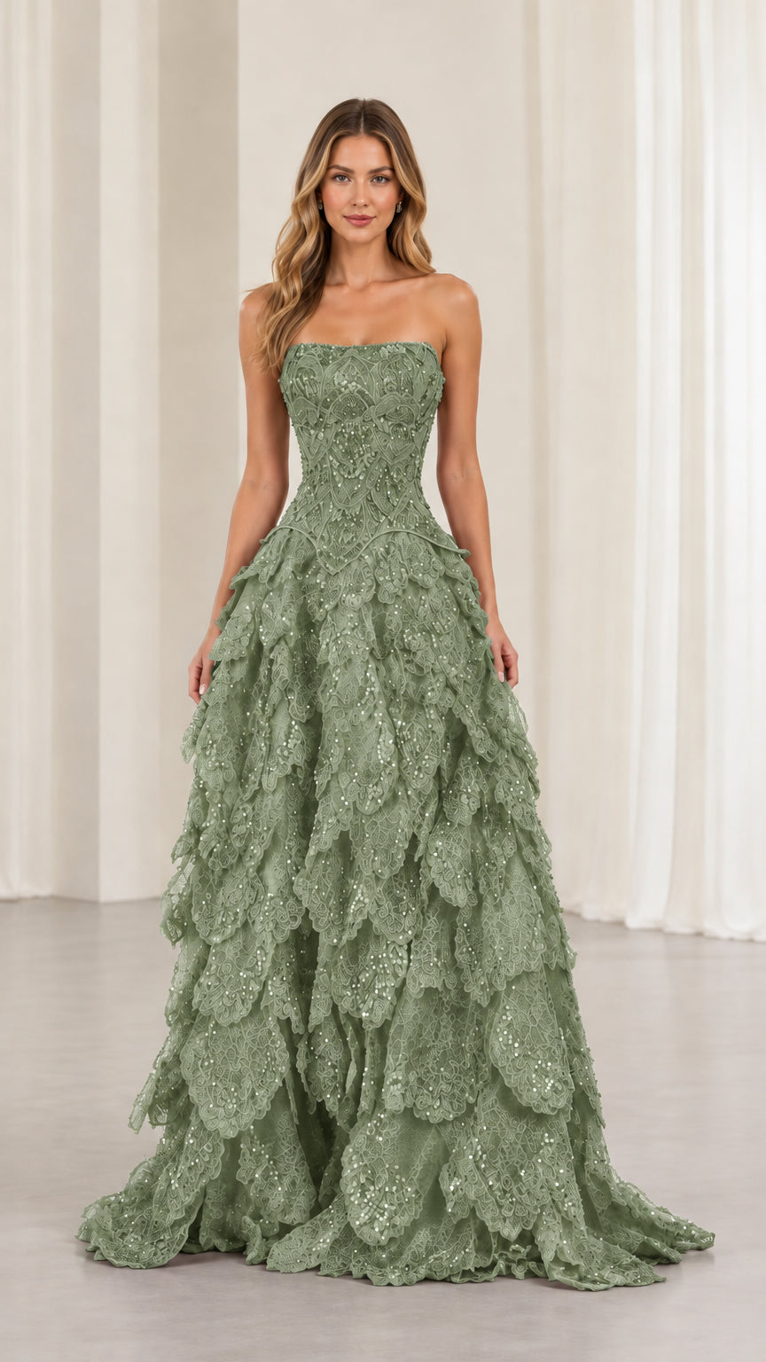 Sage green strapless sequin embroidered tiered evening ball gown