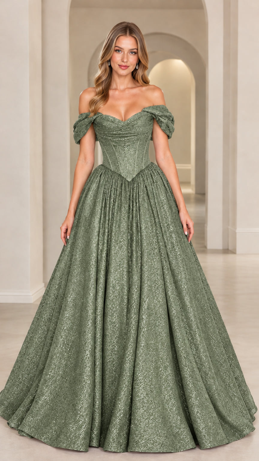 Front view of model wearing Sage Green sparkly off-the-shoulder ball gown