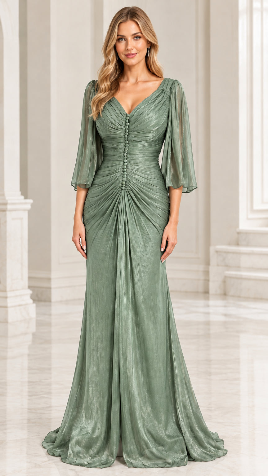 Front view of woman wearing Sage Green pleated V-neck formal gown