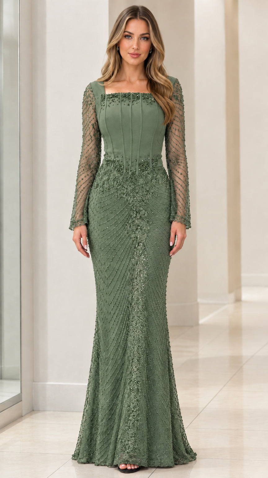 Sage green square neck embellished long sleeve floor length dress