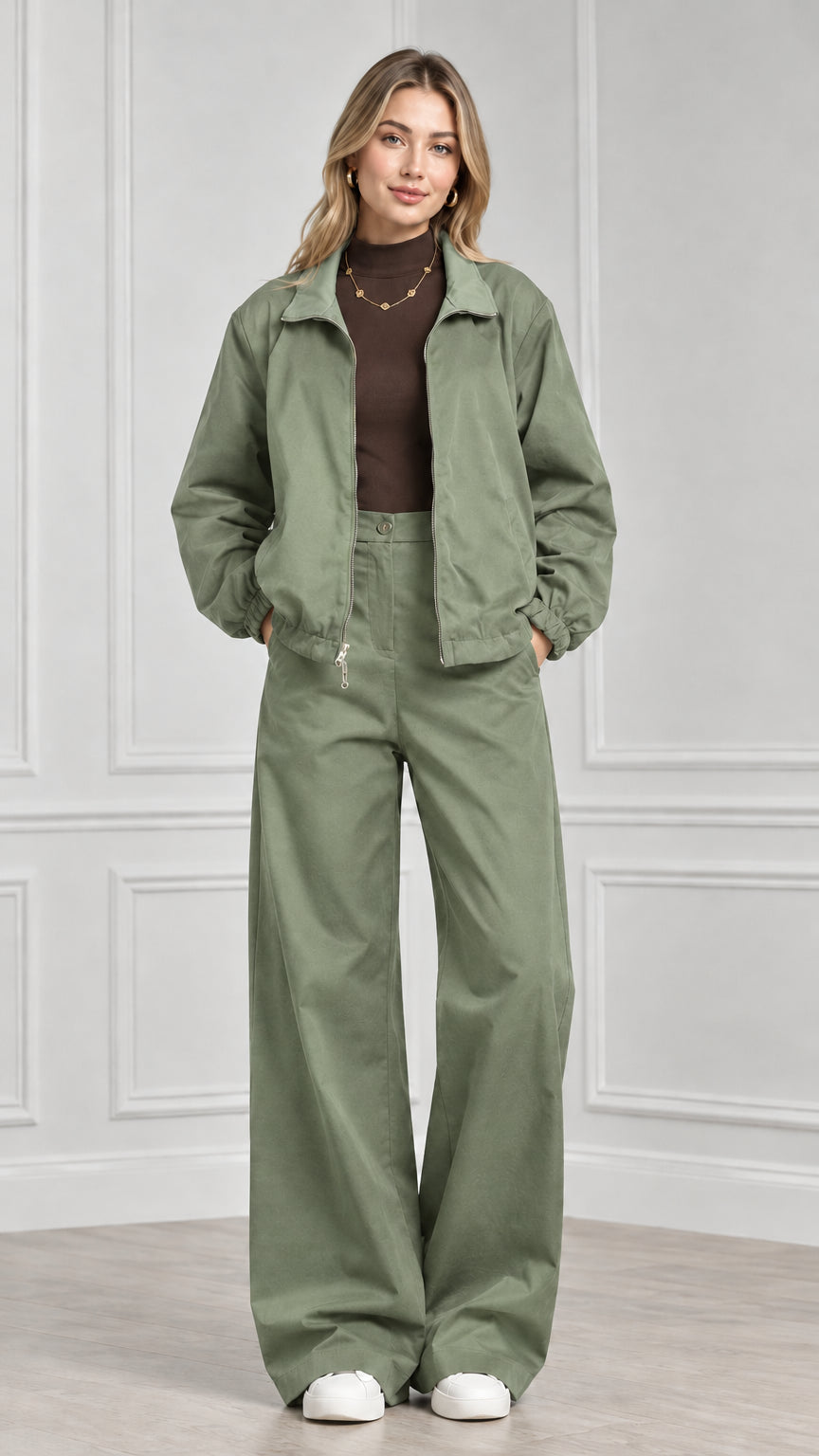 Front view of model wearing sage green two-piece jacket and wide-leg trouser set