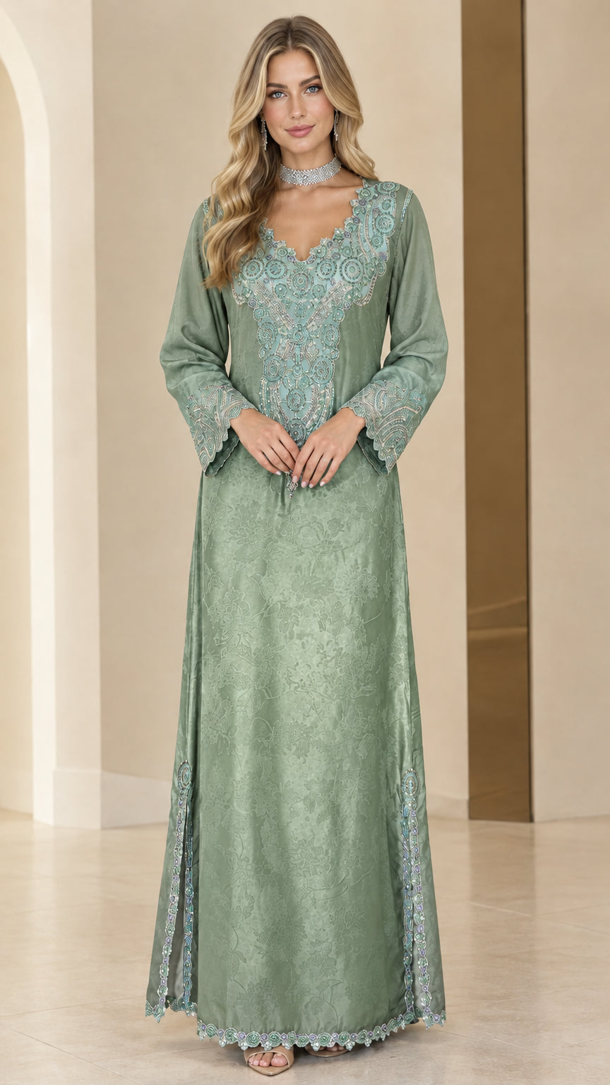 Front full-length view of woman in sage green embroidered kaftan maxi dress