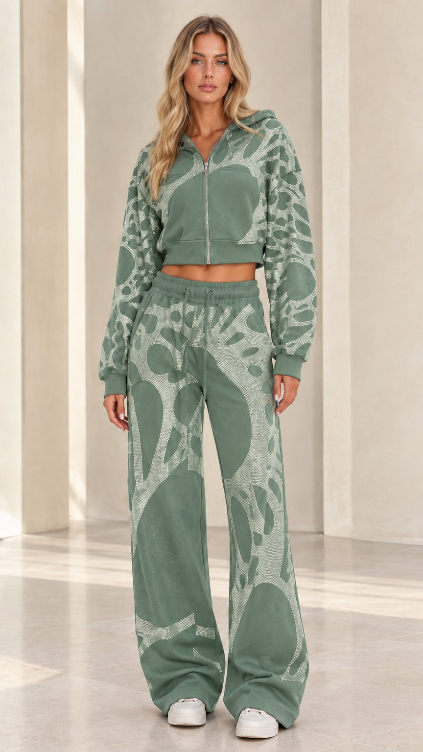 Sage Green rhinestone zip hoodie and matching wide-leg sweatpants set