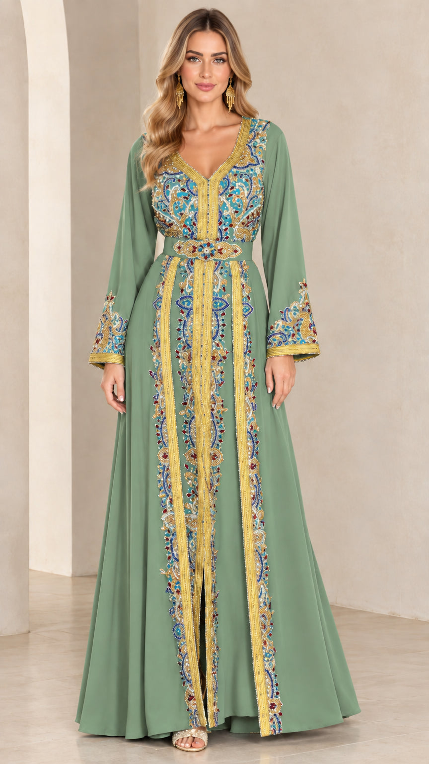 Full front view of sage green Moroccan caftan gown with gold floral embroidery
